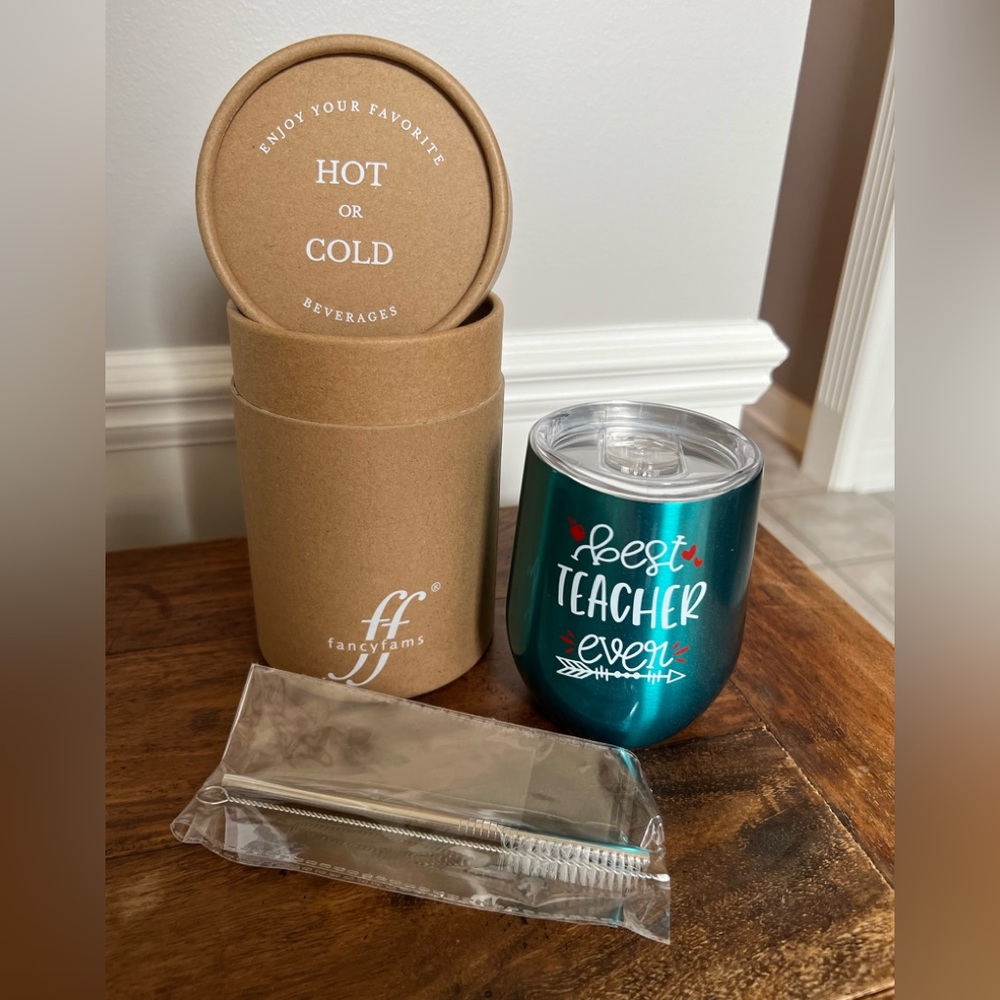 FancyFams hot/cold teal “Best Teacher Ever” stainless steel Tumblr